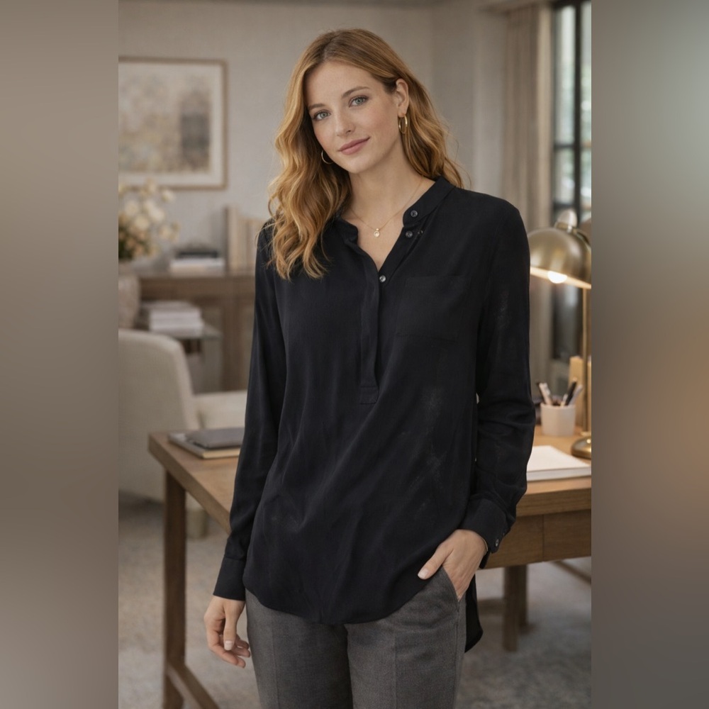 J.Crew Drapey Crêpe Henley Tunic Top Black Long Sleeve Hi-Low Size 6